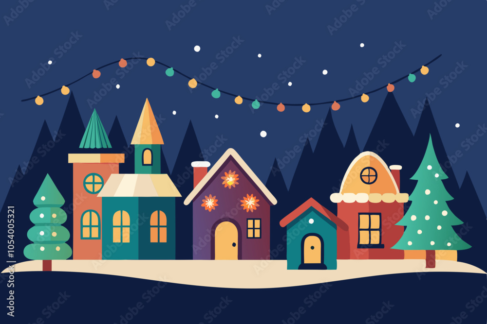 Obraz premium Christmas Village tiny houses and cozy Lights vector illustration