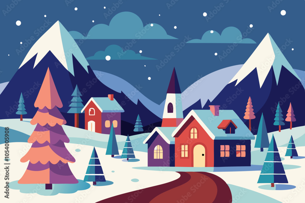 Naklejka premium Christmas village in vintage style vector illustration