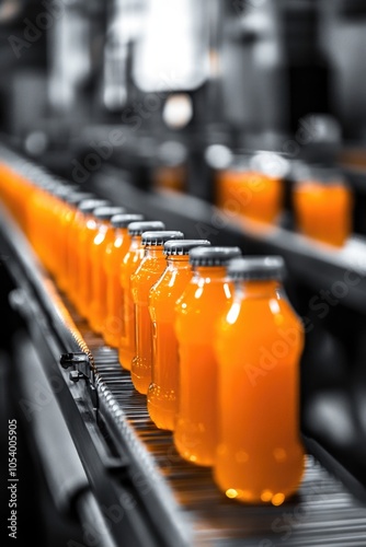 Conveyor belt with orange juice bottles on it. The bottles are lined up and are all the same size