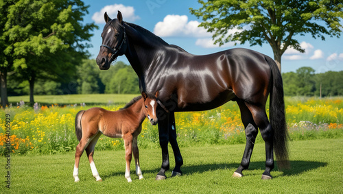 A beautiful black horse with its foal in a meadow