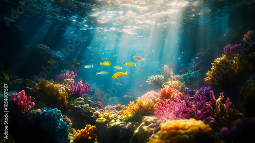 Lively School of Green Chromis in a Colorful Coral Reef under Sunlit Waters photo