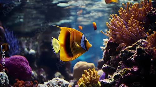 An Underwater Wonderland: The Spectacular Raccoon Butterflyfish in Its Vibrant Coral Habitat