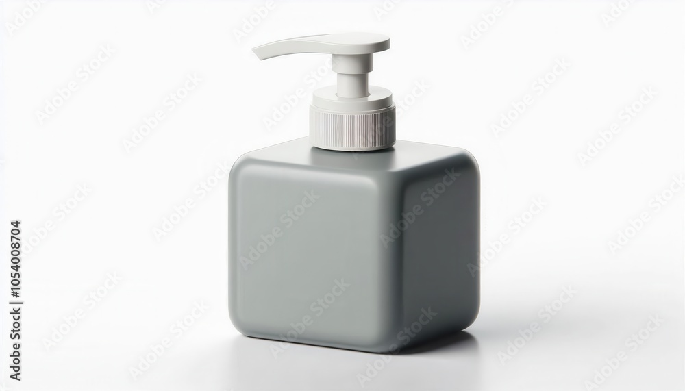 Fototapeta premium A grey pump bottle with a white pump stands alone on a white background.
