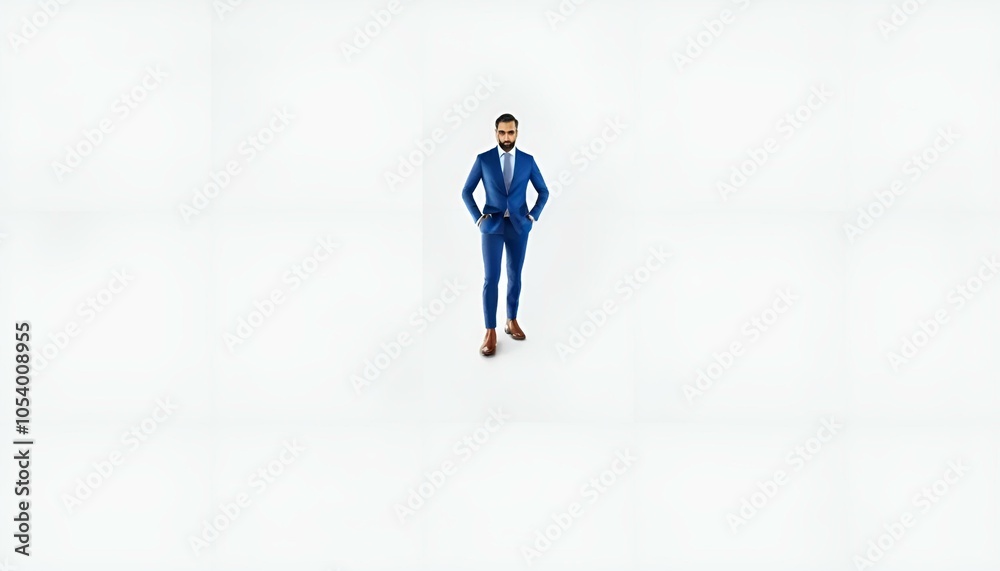 Obraz premium Stylish businessman in a blue suit standing confidently against a white background