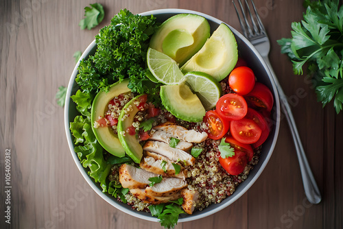 Healthy salad bowl with quinoa, tomatoes, chicken, avocado, lime and mixed greens (lettuce, parsley) on wooden background top view. Food and health.