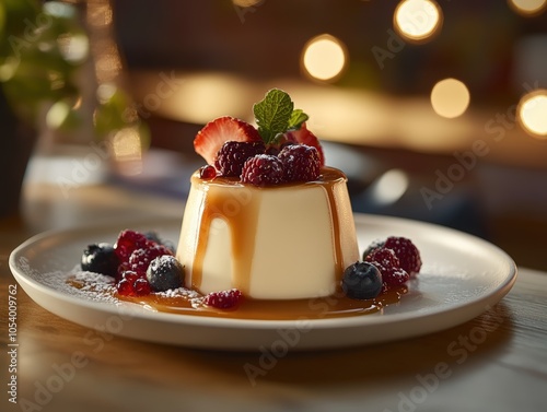 Elegant Panna Cotta with Fresh Berries and Caramel Sauce. Generative AI.