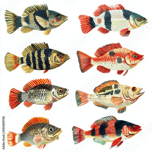 Colorful illustrations of various perch fish showcasing distinct patterns and colors, perfect for educational or decorative purposes