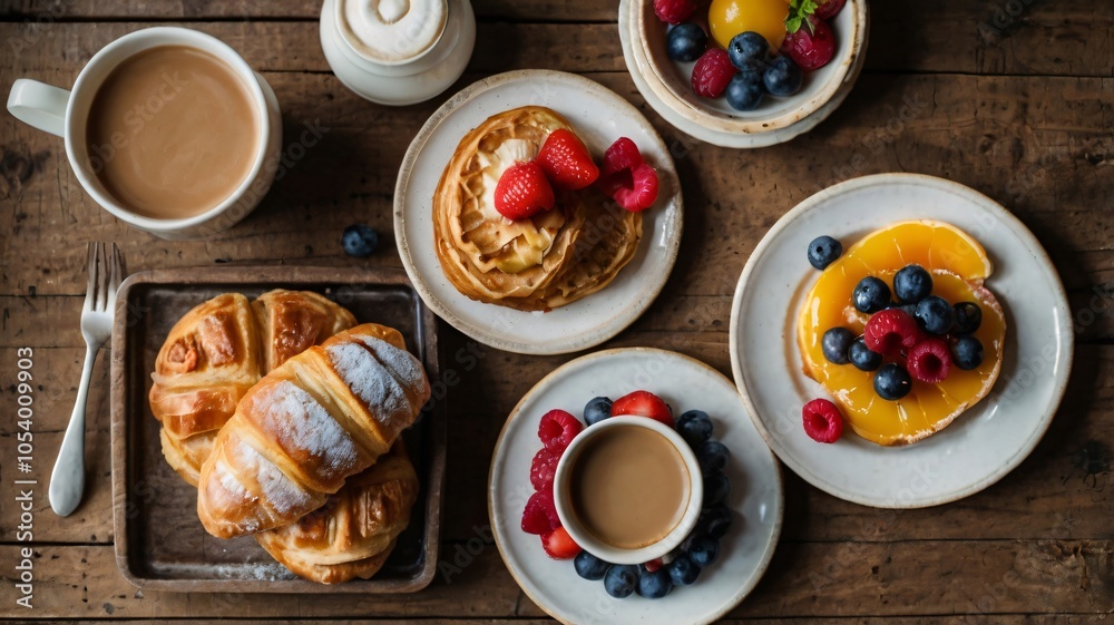 Delicious breakfast spread featuring croissants, waffles, fresh fruit, and coffee on a rustic wooden table Delicious breakfast spread featuring croissants, waffles, fresh fruit, and coffee on a rustic wooden table