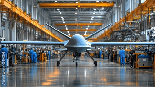 A modern military winged drone prototype under assembly at a high-tech factory, showcasing advanced technology and innovation in defense systems