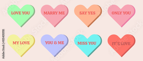 Eight colorful hearts display romantic messages such as LOVE YOU, MARRY ME on a soft background.