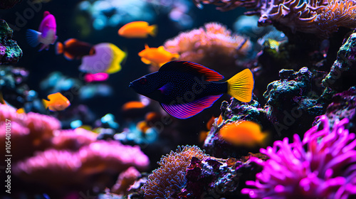 A Dynamic Underwater Photograph Capturing the Orchid Dottyback Swimming Through Vibrant Coral Formations and Colorful Schools of Fish photo