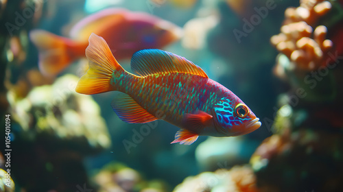 A Colorful Group of Fairy Wrasse in a Lively Coral Reef Habitat Under Clear Blue Ocean Waters photo