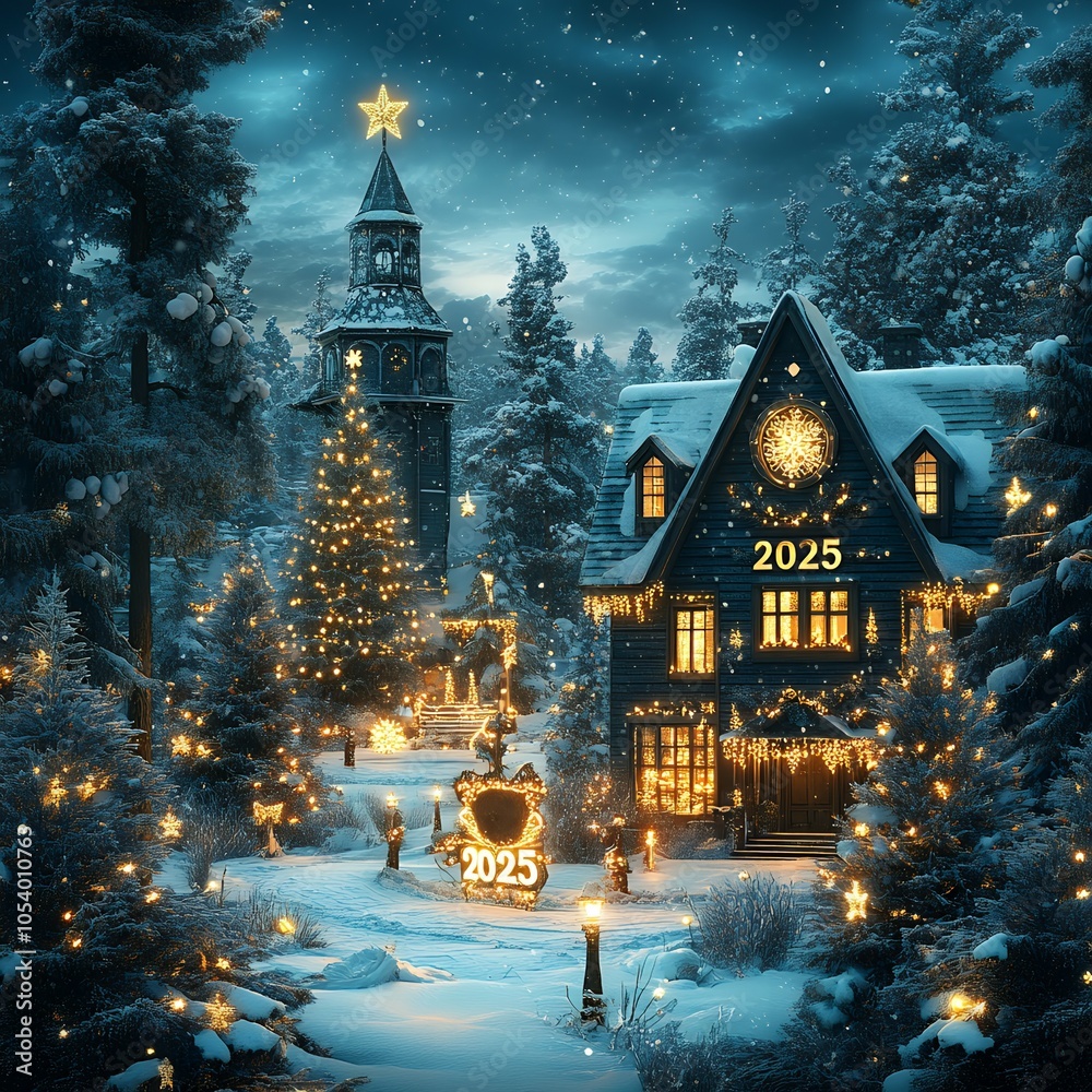 Fototapeta premium A snowy winter scene with a house, Christmas trees, and a clock tower