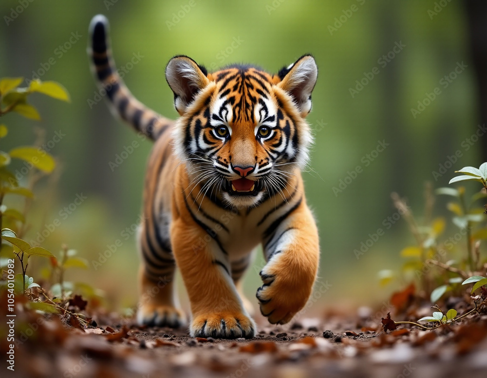 Obraz premium tiger cub walking in the woods