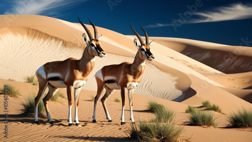 Two springboks in beautiful sand dune landscape photo