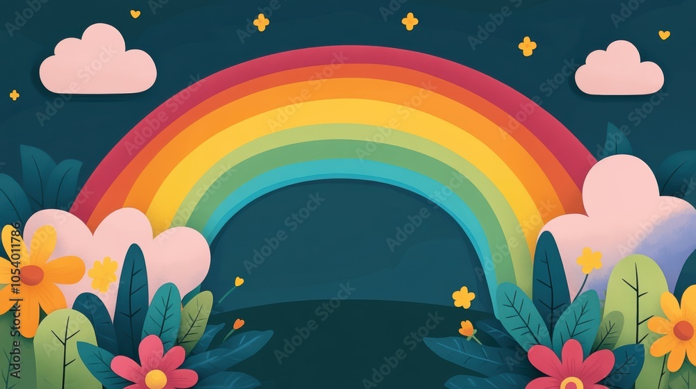 Colorful Cartoon Rainbow with Clouds and Flowers Colorful Cartoon Rainbow with Clouds and Flowers
