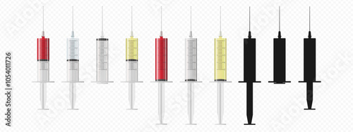 Medical syringe. Syringe with blood and drug. Empty syringe. 