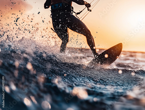 Close-up of a kitesurfer gliding over the ocean dynamic posture