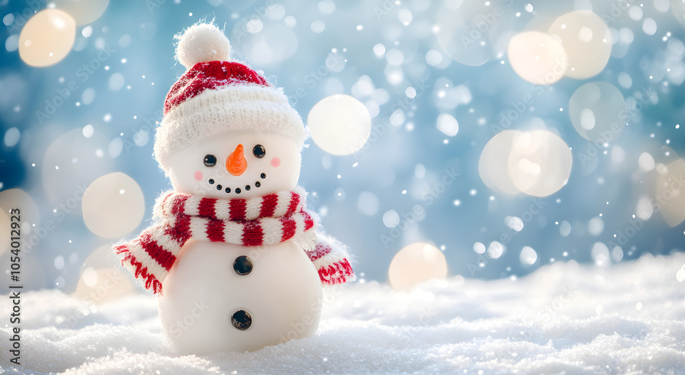 Fototapeta premium Christmas decoration with a cute cheerful snowman in the snow in the winter forest bokeh background. AI generative. 