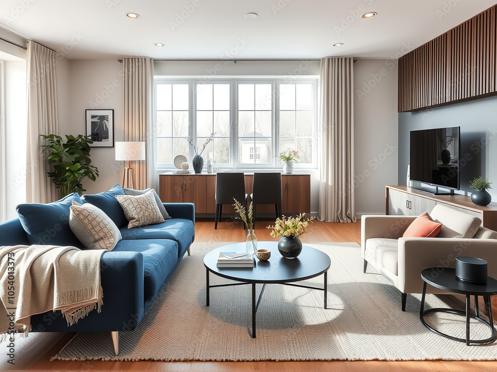 Fototapeta premium Bright and modern living room with stylish furniture and natural light in a contemporary home setting