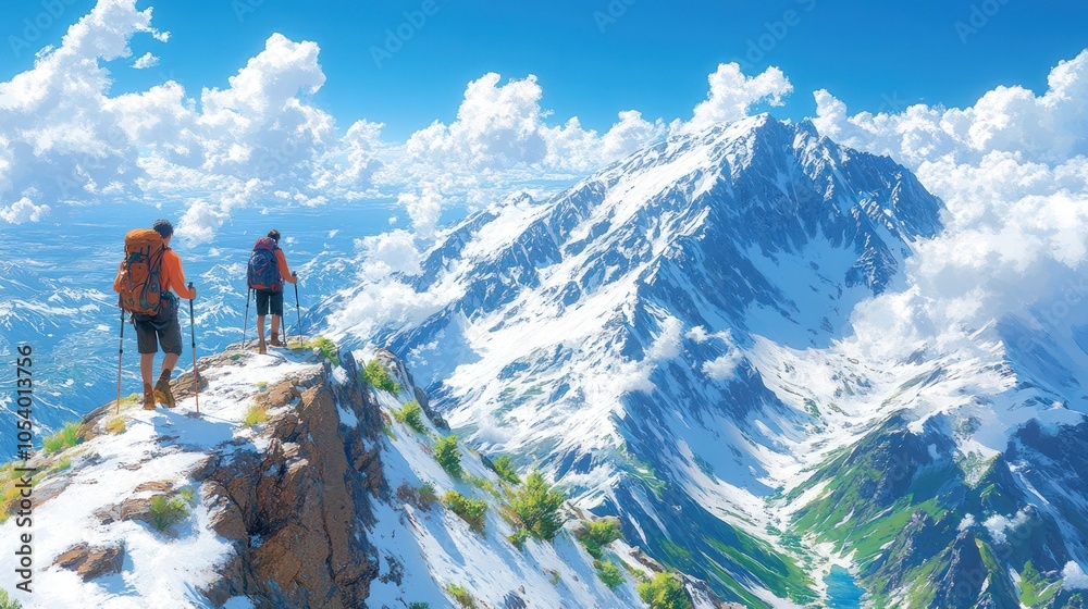 Fototapeta premium Two Hikers on a Mountain Peak Overlooking Snowy Mountain Range