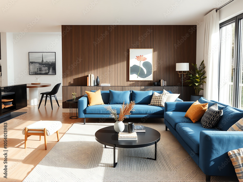 Fototapeta premium Modern living room with blue sofas, wooden accent wall, and stylish decor in a bright, airy space captured in daylight