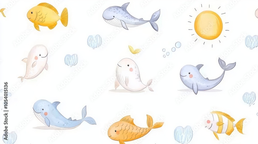 Cute cartoon fish and whales in a sea-themed design on white background.