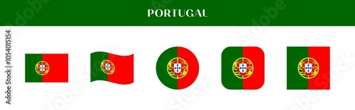 Set of Portugal national flag icons in various styles on transparent background