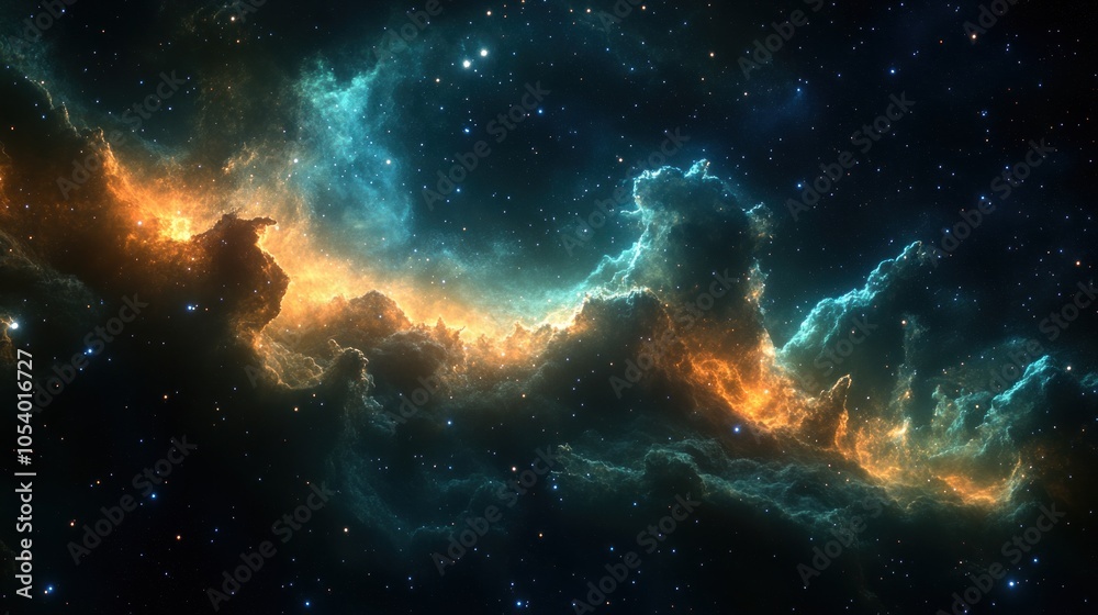 Obraz premium Colorful cosmic nebula with bright stars and swirling clouds.