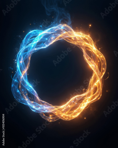 Fiery orange and cool blue energy intertwine in a circular loop, symbolizing balance between opposing forces against a dark background.