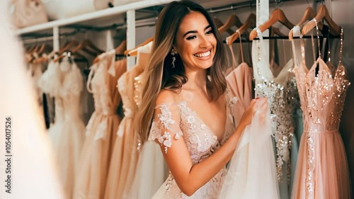 Smiling bride exploring elegant wedding dresses in bridal boutique. Bridal shopping experience with happy bride in glamorous setting. photo