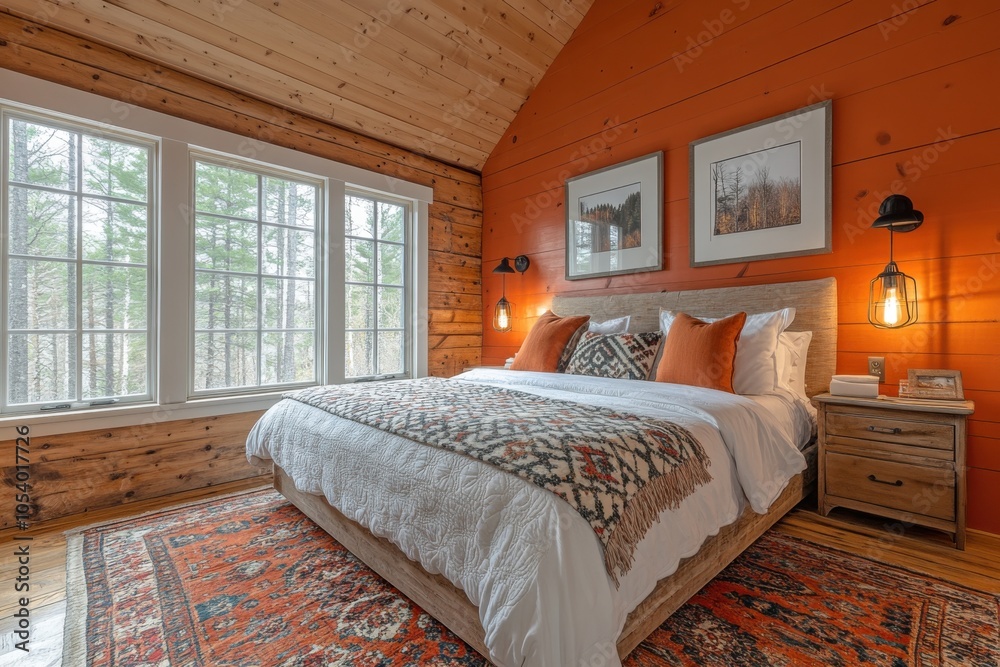 Cozy cabin retreat: inviting bedroom with large patterned bed and warm rustic decor Cozy cabin retreat: inviting bedroom with large patterned bed and warm rustic decor