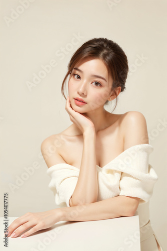 A woman with a white shirt and a ponytail is sitting at a table