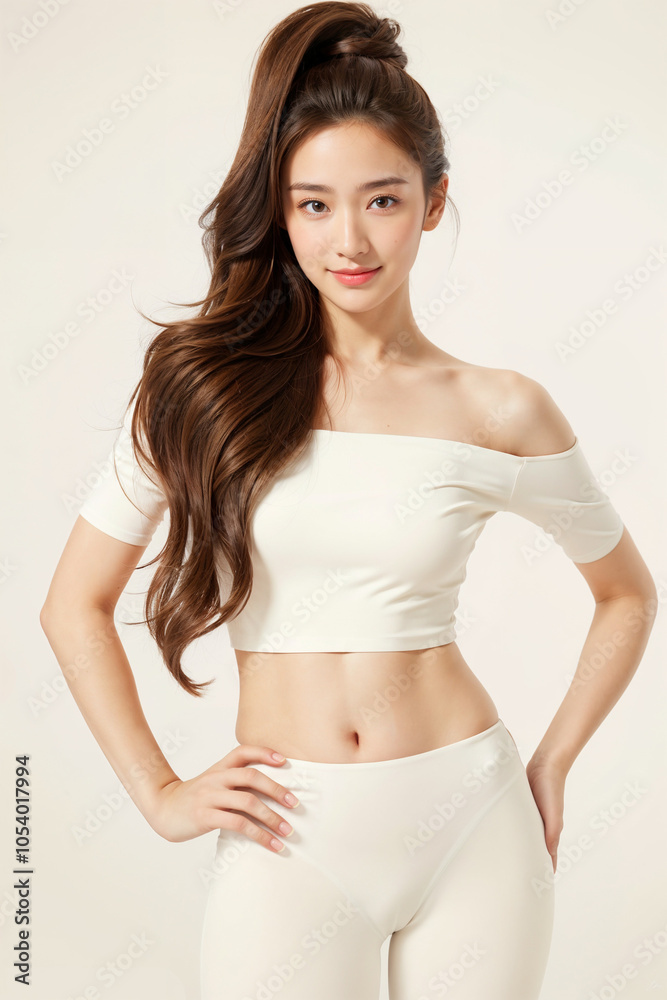 Fototapeta premium A woman with long brown hair and a white top poses for a photo