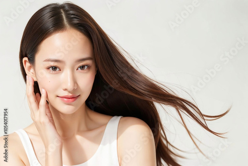 A woman with long brown hair is smiling and looking at the camera