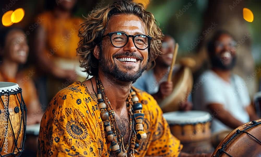 Smiling man in vibrant attire enjoying a musical gathering. Smiling man in vibrant attire enjoying a musical gathering.