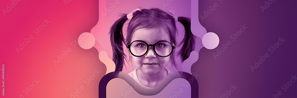 Fototapeta premium Young girl with glasses pink and purple modern playful curiosity childhood innocence 