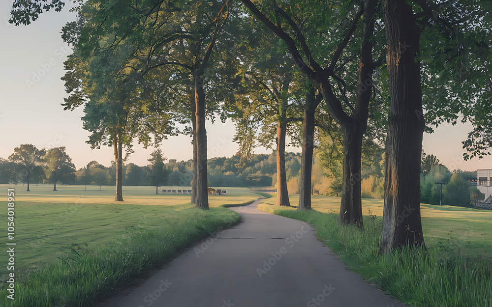 Obraz premium Green trees and a path leading to a green field a peaceful and serene summer landscape 