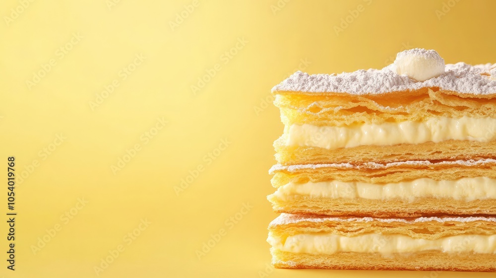 Fototapeta premium French mille-feuille layers with custard filling and icing, with copy space for Dessert Day.