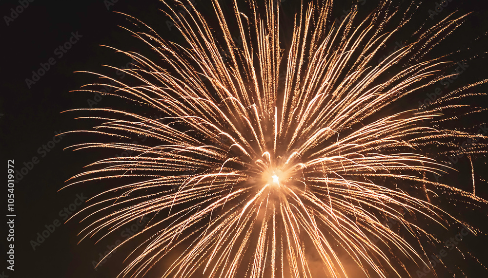 Fototapeta premium Closeup of Golden Fireworks Display Illuminating the Night Sky in Celebration, with Burst of Bright Lights and Sparkling Trails against Dark Backdrop - Bonfire night, new Year Celebrations