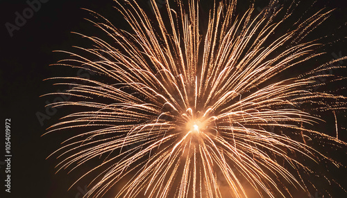 Closeup of Golden Fireworks Display Illuminating the Night Sky in Celebration, with Burst of Bright Lights and Sparkling Trails against Dark Backdrop - Bonfire night, new Year Celebrations photo