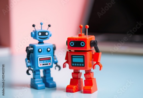 Two colorful robot toys, one blue and one red, displaying charming designs and playful features. photo