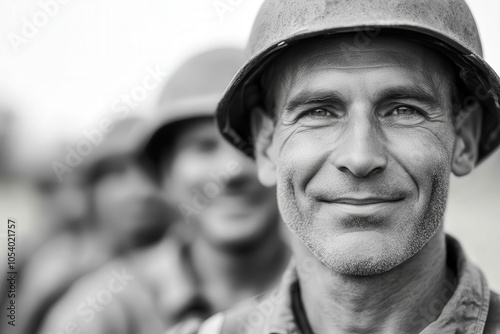 A smiling soldier in a helmet stands in focus, with fellow soldiers blurred behind him, capturing a moment of camaraderie and resilience. photo