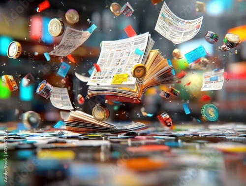 A book with colorful pages floats in mid-air, surrounded by various objects. The background is blurred, creating a dynamic and abstract composition. photo