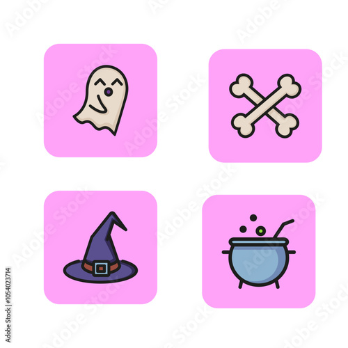 House of witch line icon set. Singing ghost, crossbones, witch cap, cooking potion in cauldron. Halloween concept. Vector illustration can be used for party, horror film, autumn celebration