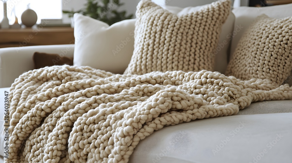 Cozy Knit Blanket and Cushions on Modern Sofa Cozy Knit Blanket and Cushions on Modern Sofa