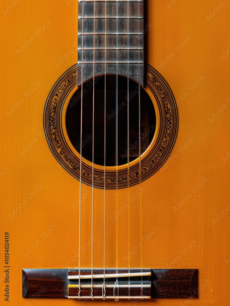 Obraz premium Close up of a guitar neck with a black fretboard. The fretboard has a black design with a few white lines. The neck is slightly curved and the fretboard is slightly raised
