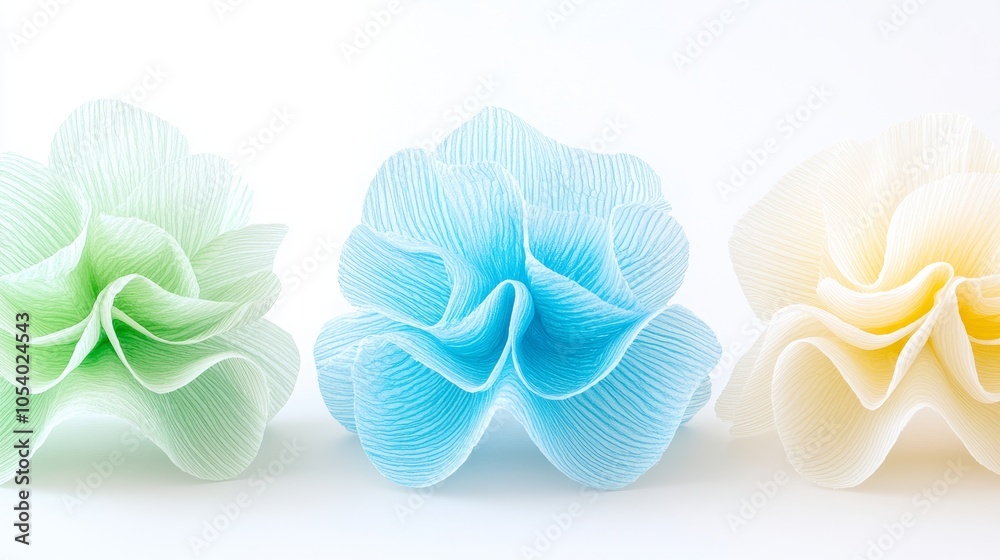 Three pastel colored paper flowers in a row on a white background. Three pastel colored paper flowers in a row on a white background.
