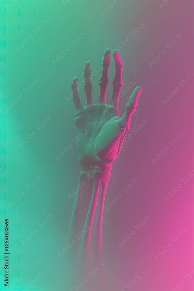 Obraz premium Artistic representation of a human skeleton hand in vibrant colors.
