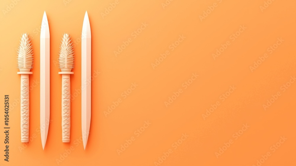 Three wooden skewers with feather-like tops arranged in a row on a vibrant orange background. Three wooden skewers with feather-like tops arranged in a row on a vibrant orange background.